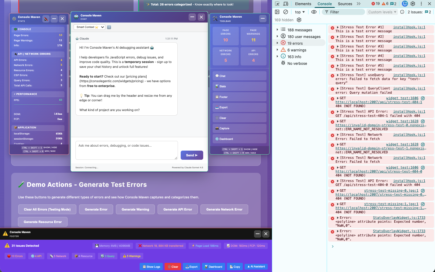 Console Maven widgets showing categorized errors vs browser console